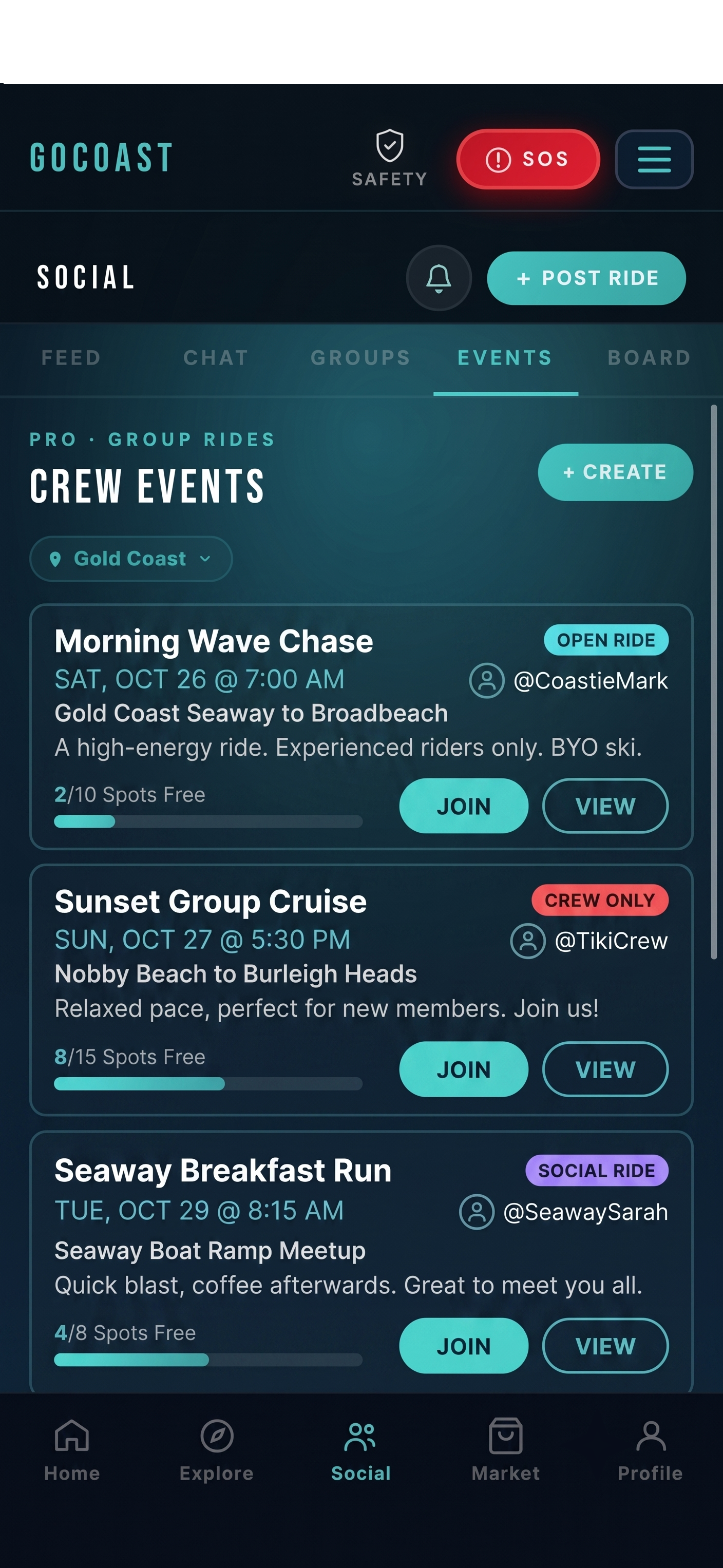 GoCoast crew events screen showing upcoming group rides