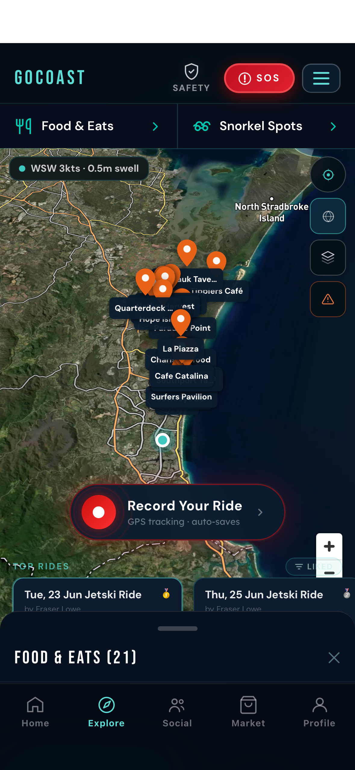 GoCoast explore map showing nearby food and eats spots